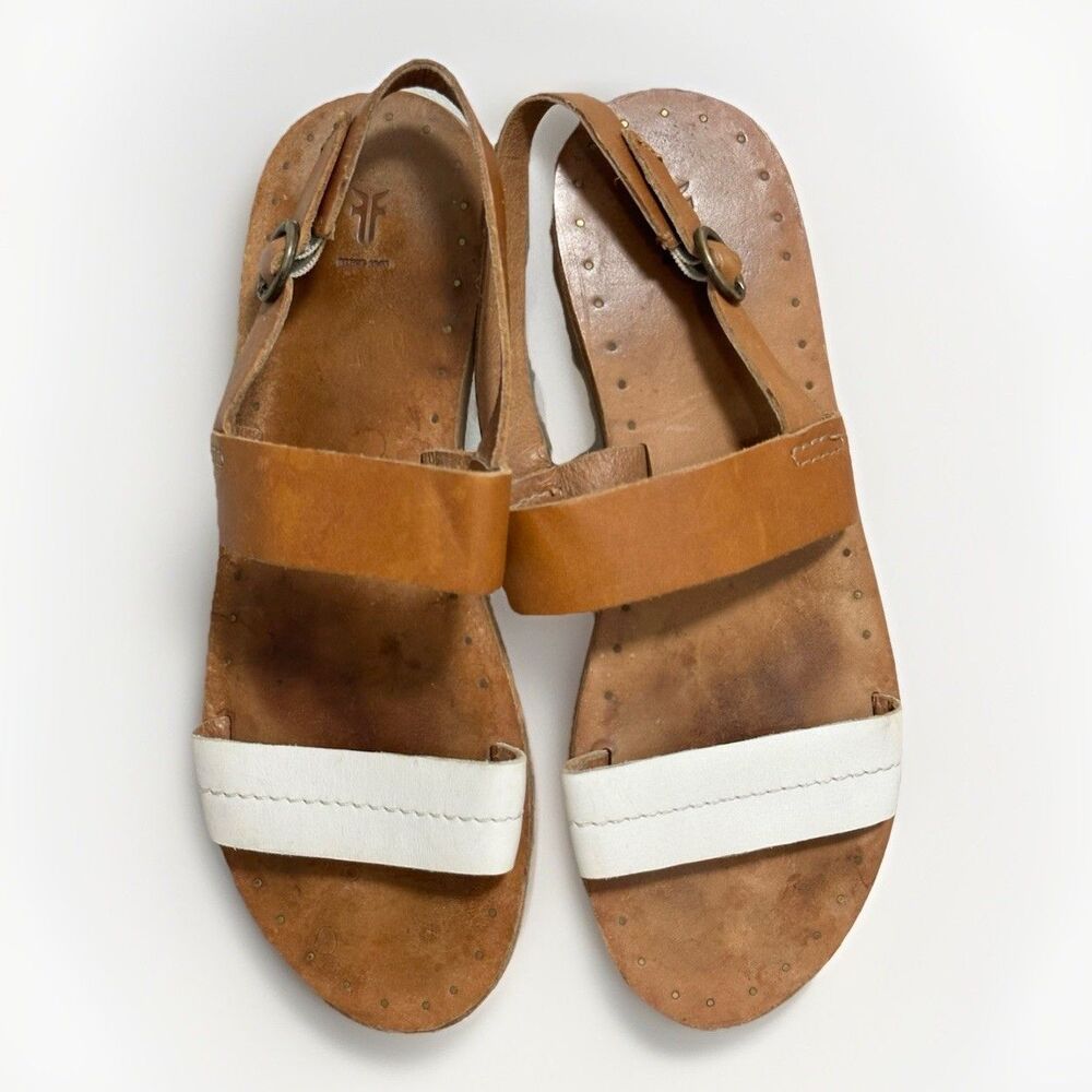 Frye Ally 2 Band Brown White Leather Flat Sandals Sz 9 M Summer Beach Boho